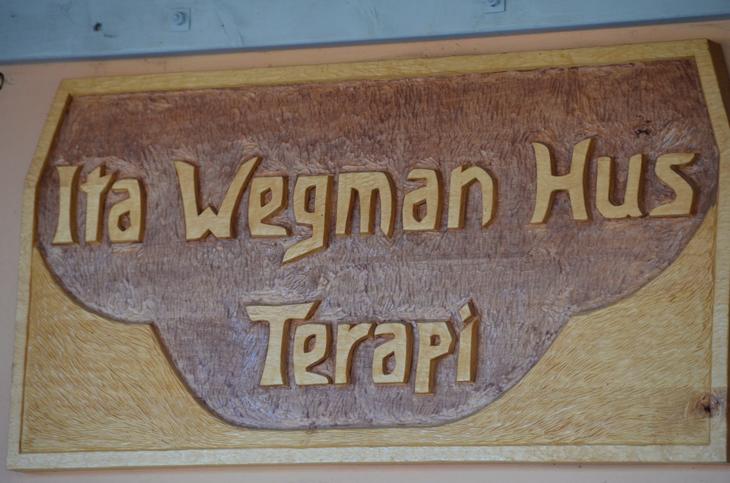 Skilt laget i tre der det er skrevet Ita Wegman Hus Terapi
